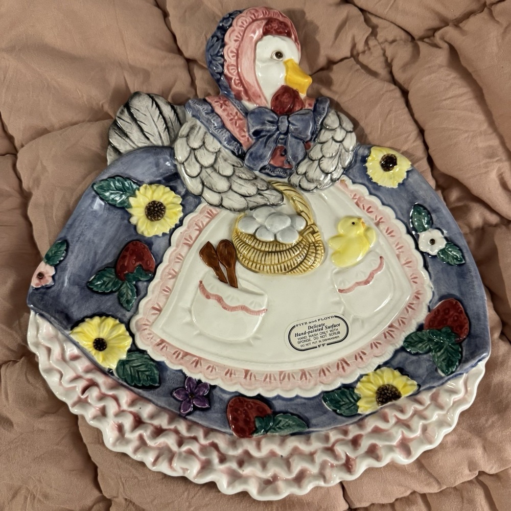 Fitz and Floyd Mother Goose Duck Goose Apron Plate cookie plate 1995